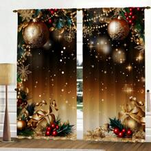 2pcs Christmas Golden Christmas Tree Ornament Print Sheer Curtain Panels, Light Filtering, Rod Pocket Design, Quality Polyester Fabric, HD Digital Printing, Romantic Christmas Decor For Bedroom, Living Room, Kitchen, Office