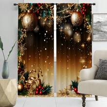 2pcs Christmas Golden Christmas Tree Ornament Print Sheer Curtain Panels, Light Filtering, Rod Pocket Design, Quality Polyester Fabric, HD Digital Printing, Romantic Christmas Decor For Bedroom, Living Room, Kitchen, Office