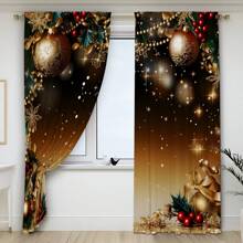 2pcs Christmas Golden Christmas Tree Ornament Print Sheer Curtain Panels, Light Filtering, Rod Pocket Design, Quality Polyester Fabric, HD Digital Printing, Romantic Christmas Decor For Bedroom, Living Room, Kitchen, Office