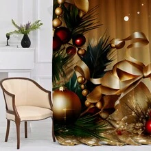 2pcs Christmas Golden Christmas Tree Ornament Print Sheer Curtain Panels, Light Filtering, Rod Pocket Design, Quality Polyester Fabric, HD Digital Printing, Romantic Christmas Decor For Bedroom, Living Room, Kitchen, Office