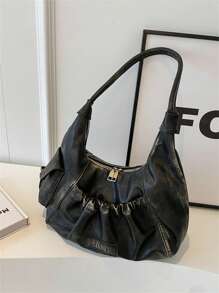 Korean Version Simple Niche Solid Color Black Vintage Texture Women's Bag Autumn And Winter New Fashion Handbag, Casual Versatile Commuting Travel Large Capacity Shoulder Bag