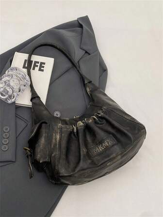 Korean Version Simple Niche Solid Color Black Vintage Texture Women's Bag Autumn And Winter New Fashion Handbag, Casual Versatile Commuting Travel Large Capacity Shoulder Bag