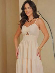 Long Dress With Straps And Striped Cups In Crepe Fabric H-2 - 米色 - 查看 2