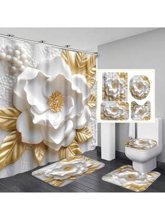 1 pieza/4 piezas Conjunto de cortina de ducha de baño con diseño floral simple, alfombra de baño impermeable de poliéster y tapa de asiento de inodoro en forma de U, 71*71 pulgadas con 12 ganchos, adecuado para decoración de baño o bañera, decoración de otoño para el hogar, accesorios de baño de regreso a la escuela