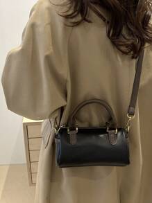 高级手提包女士时尚新款百搭圆筒手提拉链单肩斜挎包，PU 皮革波士顿包 - 黑色 - 查看 4