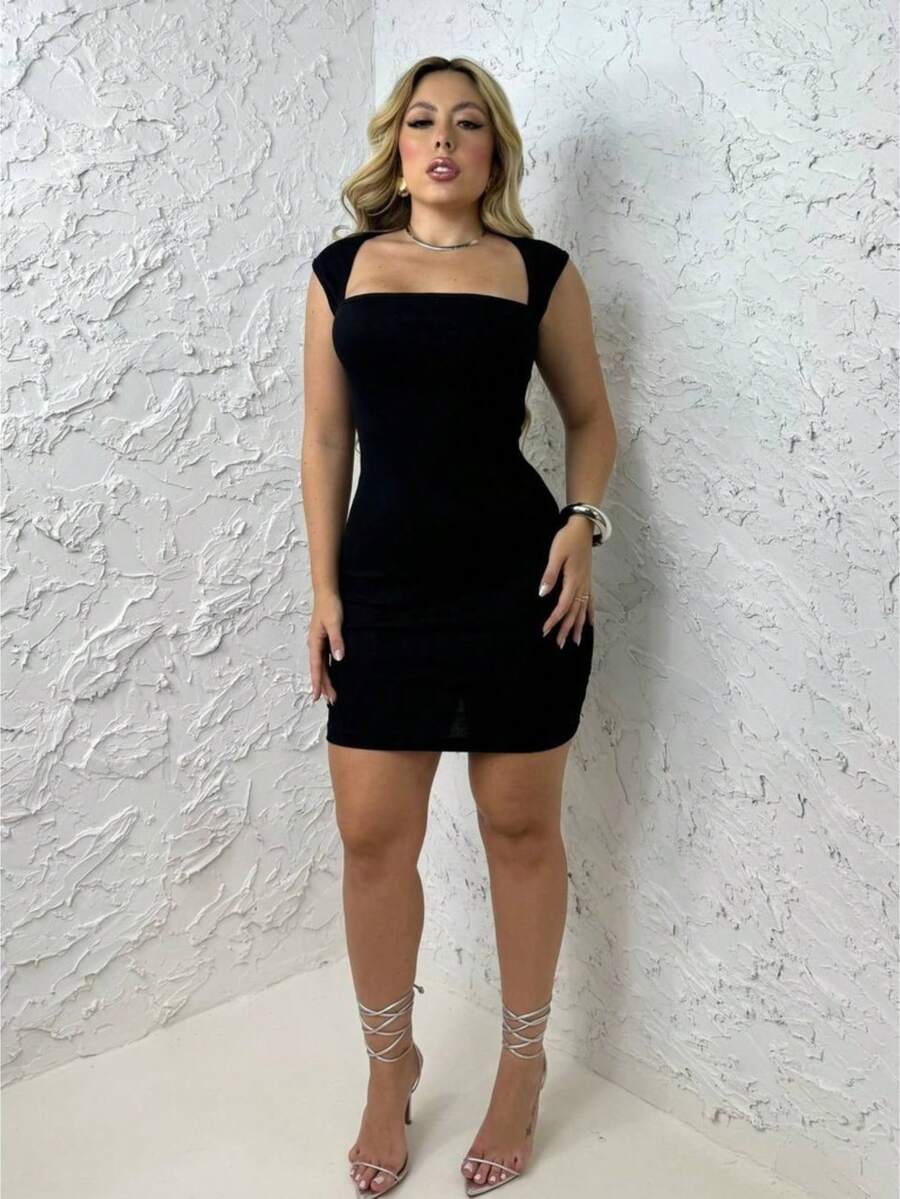 Body Shaping Dress Vintage Short Sleeve Midi Ribbed Fabric Blogger