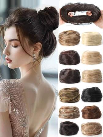 Ciocca elastica in gomma per chignon sintetica dritta, extension per capelli raccolti, accessorio per capelli per updo, disponibile in nero, marrone e dorato
