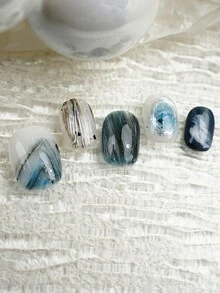 10 件/套 DIY 手工制作简约百搭手绘图案，纯手绘蓝色大理石图案融合，秋冬高端风格，包括短方形假指甲、1 件果冻凝胶和 1 件指甲锉，非常适合日常生活和派对装扮按压指甲美甲用品（显示卡随机） - 彩色 - 查看 4