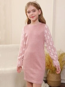 Tween Girl Knit Long Sleeve Slim Fit Floral Fashion Party Gathering Short Dress - Pink - View 3