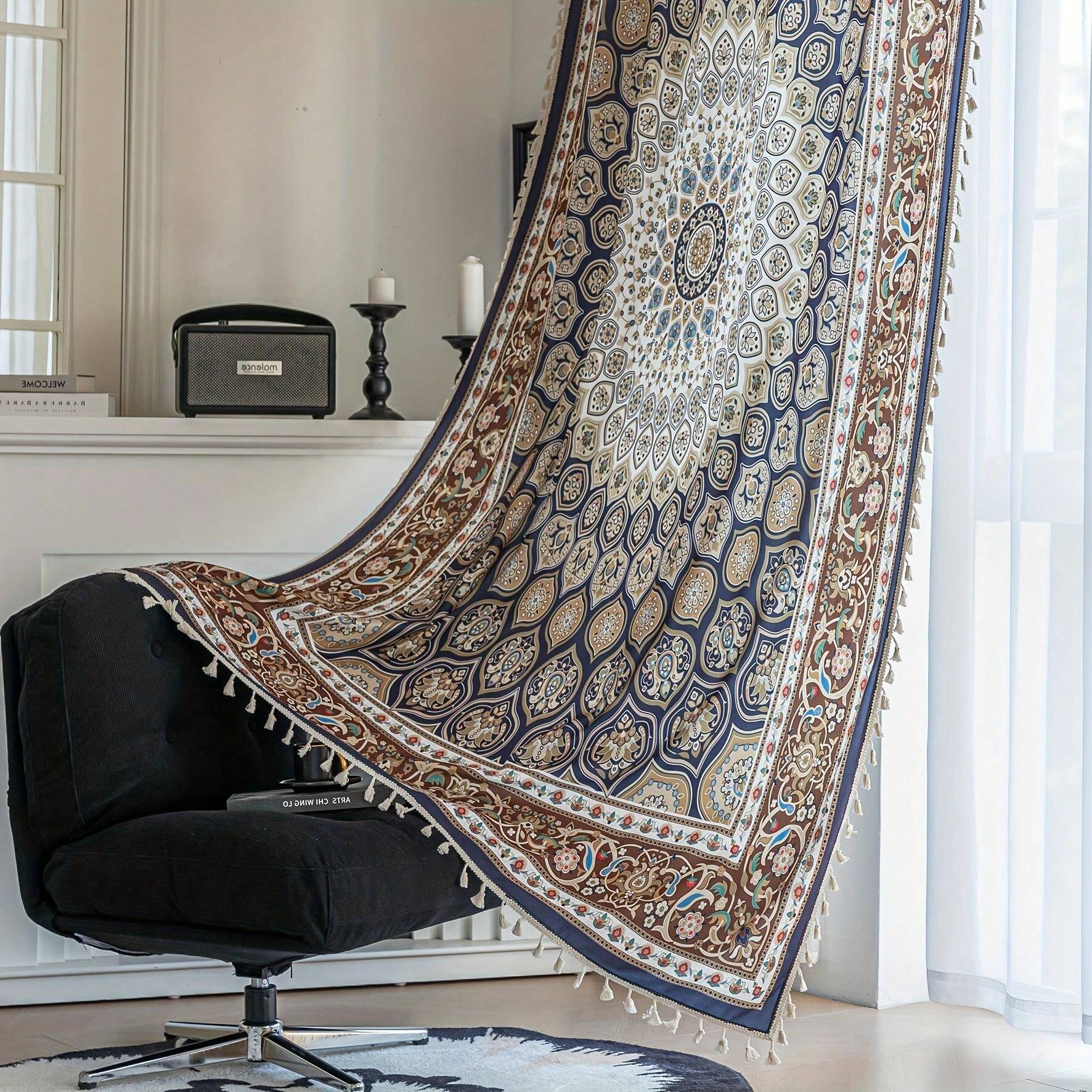 2pcs Farmhouse Style Boho Curtains, Digital Printed Peacock Feather