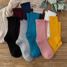 7 Pairs/Set Women Socks Solid Color Ruffle Hem Women Crew Socks, Fashionable For Daily Wear, Random Color Dispatch - Multicolor - View 9