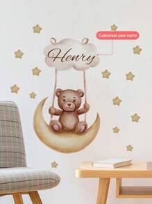 1 Pieza de 30 x 120 cm Pegatinas de pared personalizadas con texto, pegatinas de pared de dibujos animados con luna, nubes, osos, estrellas, globos para decoración de dormitorio, sala de estar, Pintura decorativa para el hogar, Pintura autoadhesiva removible para decoración de aula escolar, PVC