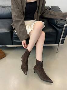 Giày bốt cổ ngắn mũi nhọn kiểu Pháp có khóa kéo sau cho nữ - Cà phê nâu - Xem 3