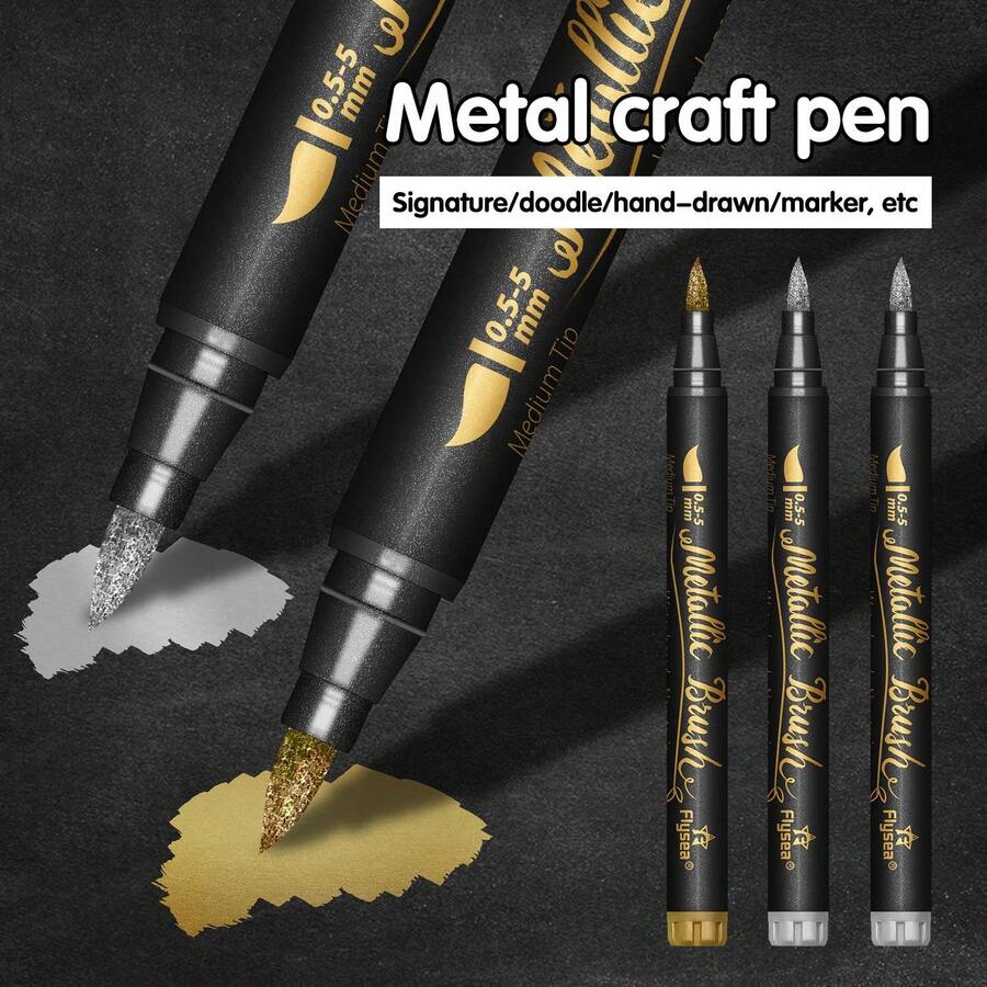 4 Packs Gold Silver Brush Metallic Marker Pens, Permanent Metallic Art