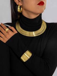 imoli 5pcs/Set Vintage Punk Style Geometric Exaggerate Open Hoop Multilayer Minimal Design Chunky Jewelry Necklace Bracelet Earring Ring Set, Women Party Gift