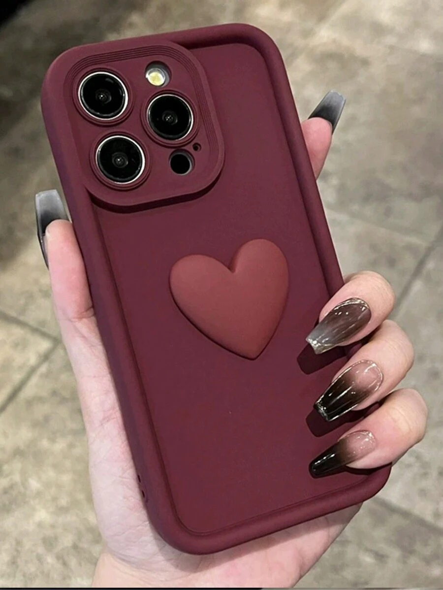 Heart-Shaped High Density Bamboo Fiber TPU Phone Case Compatible With Apple - Burgundy - View 1