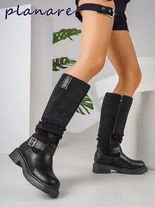 女士时尚休闲侧拉链扣摩托车靴圆头粗跟鞋拼布黑靴秋鞋高筒靴女士橡胶鞋冬靴中筒靴 - 黑色 - 查看 4