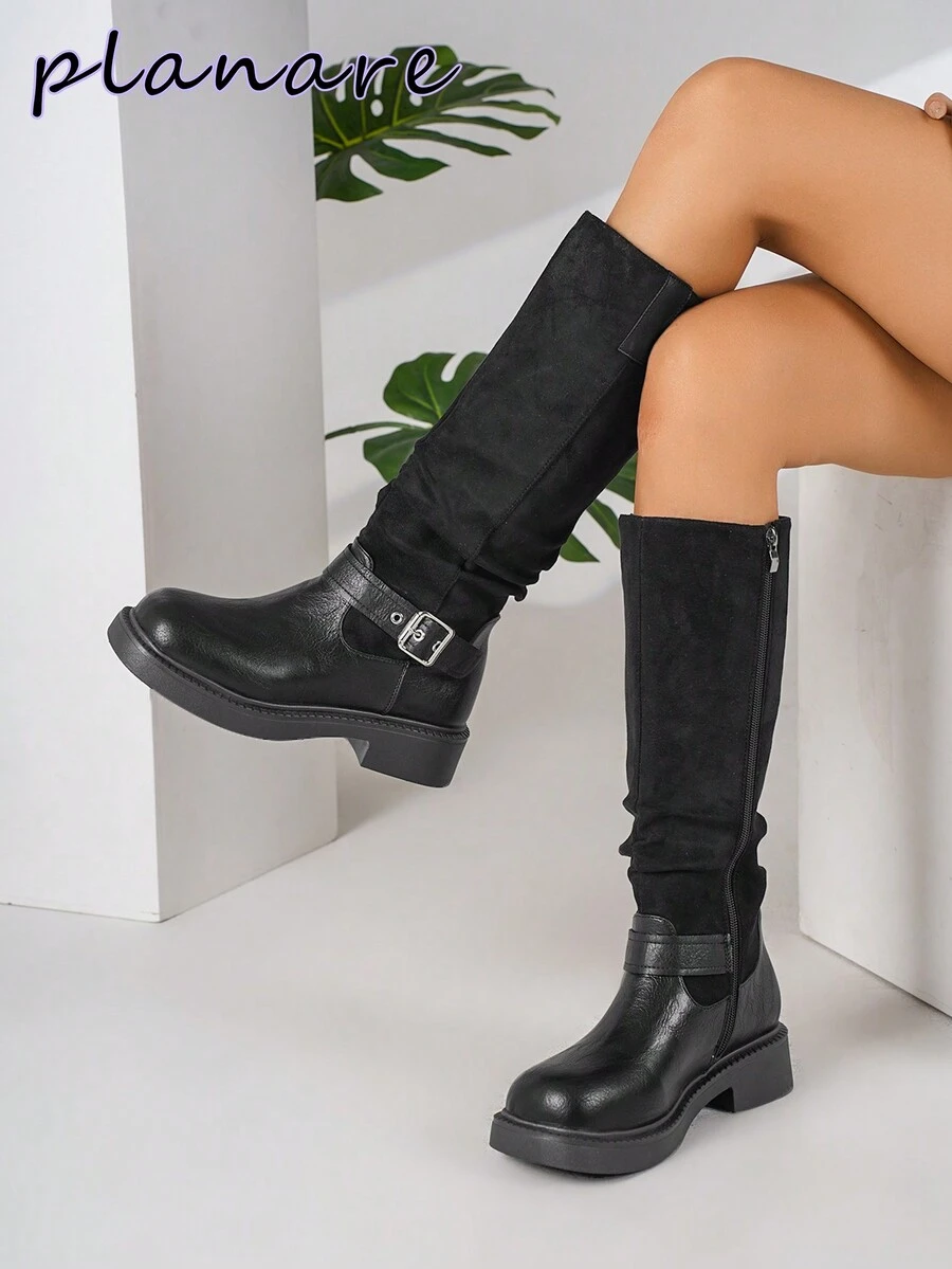 女士时尚休闲侧拉链扣摩托车靴圆头粗跟鞋拼布黑靴秋鞋高筒靴女士橡胶鞋冬靴中筒靴 - 黑色 - 查看 1