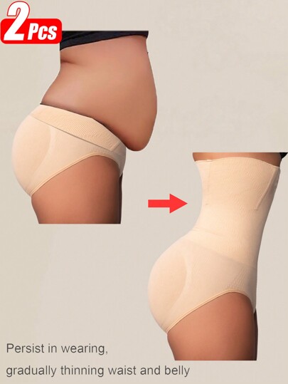 2 Pcs High Waist Contorl Tummy Panties Seamless Women's Shapewear Body Shaper Waist Trainer Slimming Falt Belt Sheath Woman Fajas Shaping Panty Ladies Briefs Underwear
