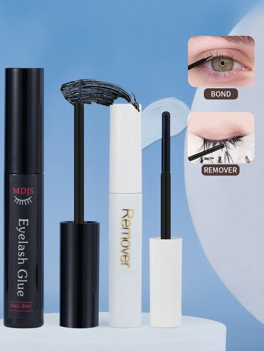 2 件套睫毛胶水和卸妆液睫毛延长胶水套装，适用于 DIY 睫毛延长，强力固定假睫毛粘合剂透明睫毛卸妆液无刺激性，适用于任何睫毛清洁刷睫毛粘合剂油去除剂（黑胶）