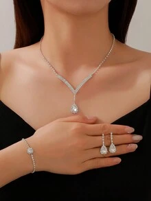 Bộ 4 chiếc/bộ thời trang châu Âu và Hàn Quốc sáng bóng hình giọt nước lấp lánh hình chữ Y, bao gồm vòng cổ, khuyên tai, vòng tay, bộ dây chuyền đính đá, hoàn hảo cho các bữa tiệc, bữa tối và ngày lễ - Bạc - Xem 5