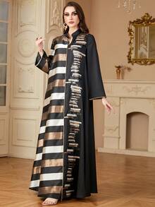Váy Maxi Ả Rập dài tay họa tiết sọc tương phản jacquard đính hạt viền ren cổ khoét sâu giản dị cho nữ, mùa xuân và mùa thu - màu đen - Xem 5