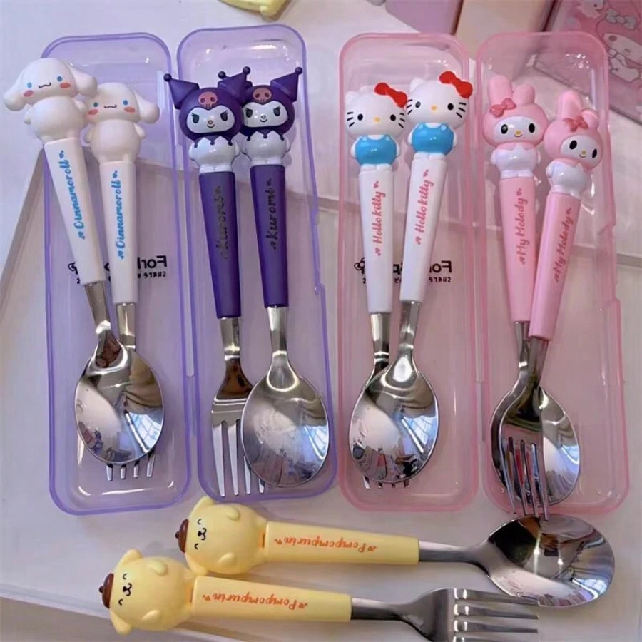 2pcs Cute Cartoon Doll Shape Stainless Steel Spoon And Fork Set Outdoor Edible Grade Cartoon Portable Boxed Cutlery Set - Multicolor - View 1