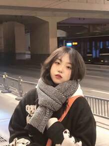1pc Striped Polyester Scarf/Shawl, Autumn/Winter Reversible Warm Soft Touch Scarf, Unisex, Knitted Herringbone Pattern, Fashionable Gift For Students And Couples