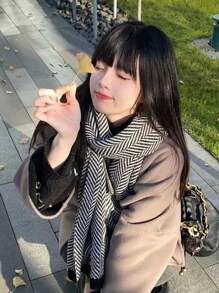 1pc Striped Polyester Scarf/Shawl, Autumn/Winter Reversible Warm Soft Touch Scarf, Unisex, Knitted Herringbone Pattern, Fashionable Gift For Students And Couples