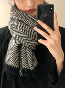 1pc Striped Polyester Scarf/Shawl, Autumn/Winter Reversible Warm Soft Touch Scarf, Unisex, Knitted Herringbone Pattern, Fashionable Gift For Students And Couples
