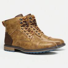 复古风格男士靴子，拼布鞋面，橡胶双色外底防滑，内侧拉链，户外休闲踝靴，米色缝线 - 薑色 - 查看 4