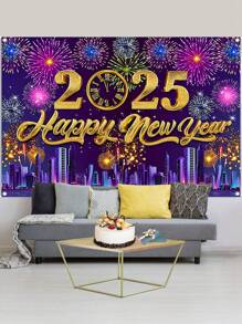 1 件 100*150 厘米 2025 年新年快乐庆祝海报横幅背景带烟花，非常适合新年照片展位墙壁背景装饰派对装饰用品家居装饰 - 彩色 - 查看 4