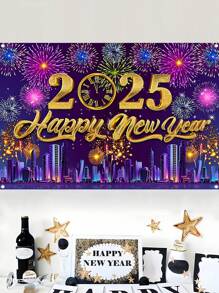 1 件 100*150 厘米 2025 年新年快乐庆祝海报横幅背景带烟花，非常适合新年照片展位墙壁背景装饰派对装饰用品家居装饰 - 彩色 - 查看 1