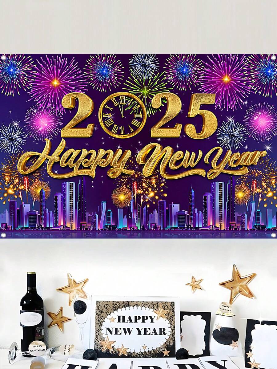1 件 100*150 厘米 2025 年新年快乐庆祝海报横幅背景带烟花,非常适合新年照片展位墙壁背景装饰派对装饰用品家居装饰 - 彩色 - 查看 1