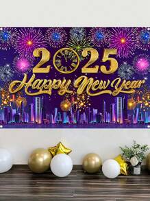 1 件 100*150 厘米 2025 年新年快乐庆祝海报横幅背景带烟花，非常适合新年照片展位墙壁背景装饰派对装饰用品家居装饰 - 彩色 - 查看 5