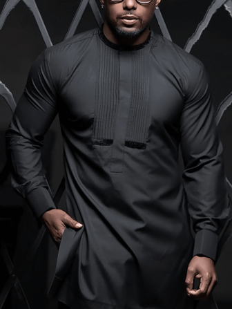 2pcs/Set Plus Size Men's Black Dashiki Style Suit, Cool & Stylish With Pleated Front, African Fashion, Casual Shirt And Pants, New Design For All Seasons, Suitable For Streetwear, Party And Dating
