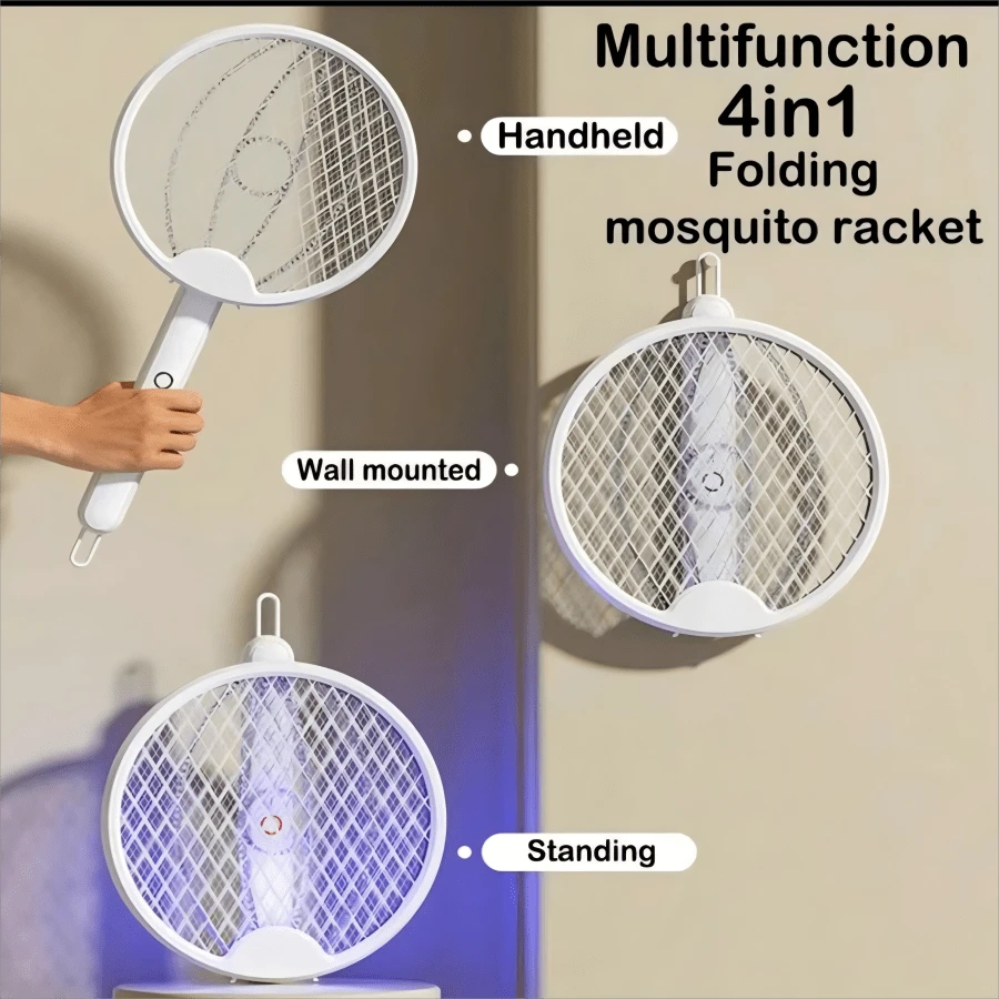 4 In 1 Upgraded Foldable Electric Fly Swatter, USB Rechargeable Fly Zapper With UV Light Insect Trap, For Bedroom - White - View 1