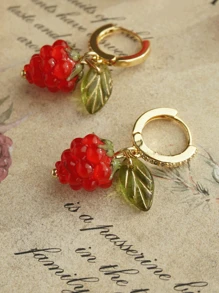 Hoa tai Zirconia thủy tinh Czech mạ vàng 18K hình quả mâm xôi đỏ dễ thương - Đỏ - Xem 3