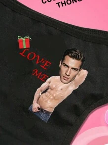 1 pieza Caja de regalo de Navidad, regalo personalizado del Día de San Valentín para novio/esposo, ropa interior de mujer con diseño sexy de tanga de cintura baja graciosa con estampado de letras en inglés, diseño elástico que realza el trasero