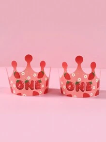 6 件草莓风格单一图案派对帽，纸质皇冠形派对帽，草莓主题 1 岁生日婴儿洗礼家庭节日派对装饰用品，生日快乐派对礼物