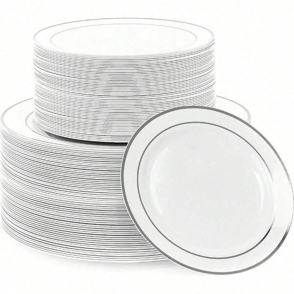 25/20/10/5pcs Silver Rim Party Plates, White Silver Edged Salad Plates, 10.25 Inch And 7.5 Inch Serving Trays, Suitable For Party, Outdoor, Wedding, Restaurant