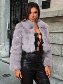 Women's Winter Solid Color Long Sleeve Fluffy Trim Cropped Jacket