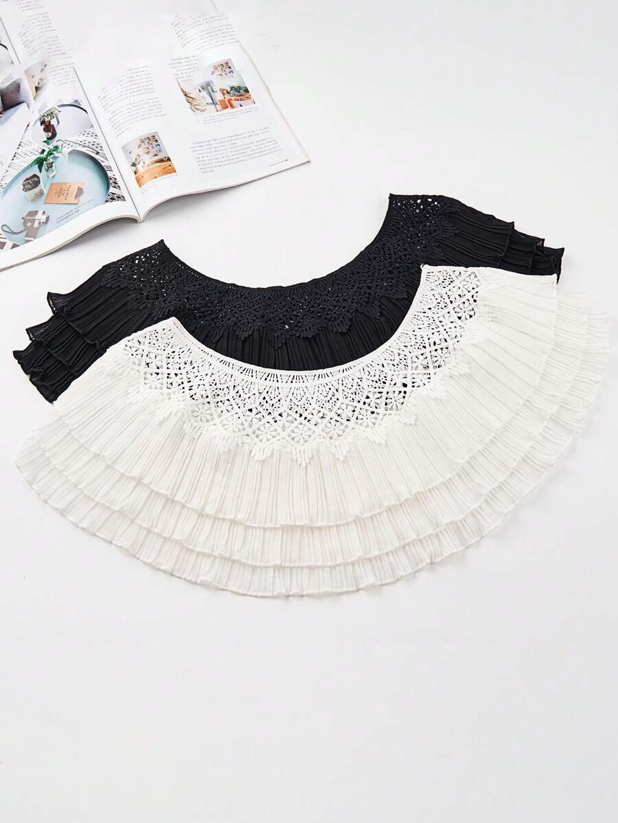 1件黑白女士水溶性蕾丝边雪纺褶皱披肩 - 蕾絲披肩 - 查看 1