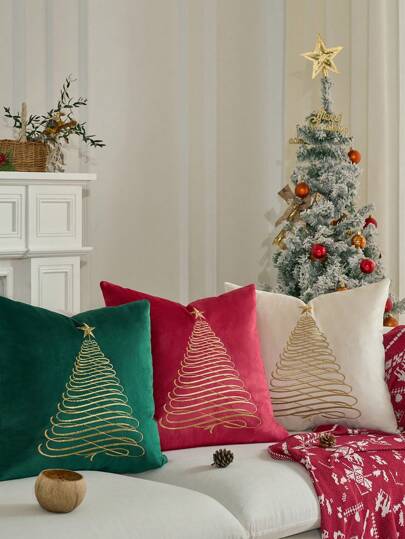 1 X Christmas Tree Cushion Cover, Cousin Decoration, Christmas Decorative Throw Pillow Cover, Velvet Embroidery, Soft Wool, Sofa Pillow Cover, Golden Christmas, Christmas Home Decor, Christmas Decoration, Bedding Decoration, Christmas Decoration, Winter Decoration, Personalized Christmas Gift