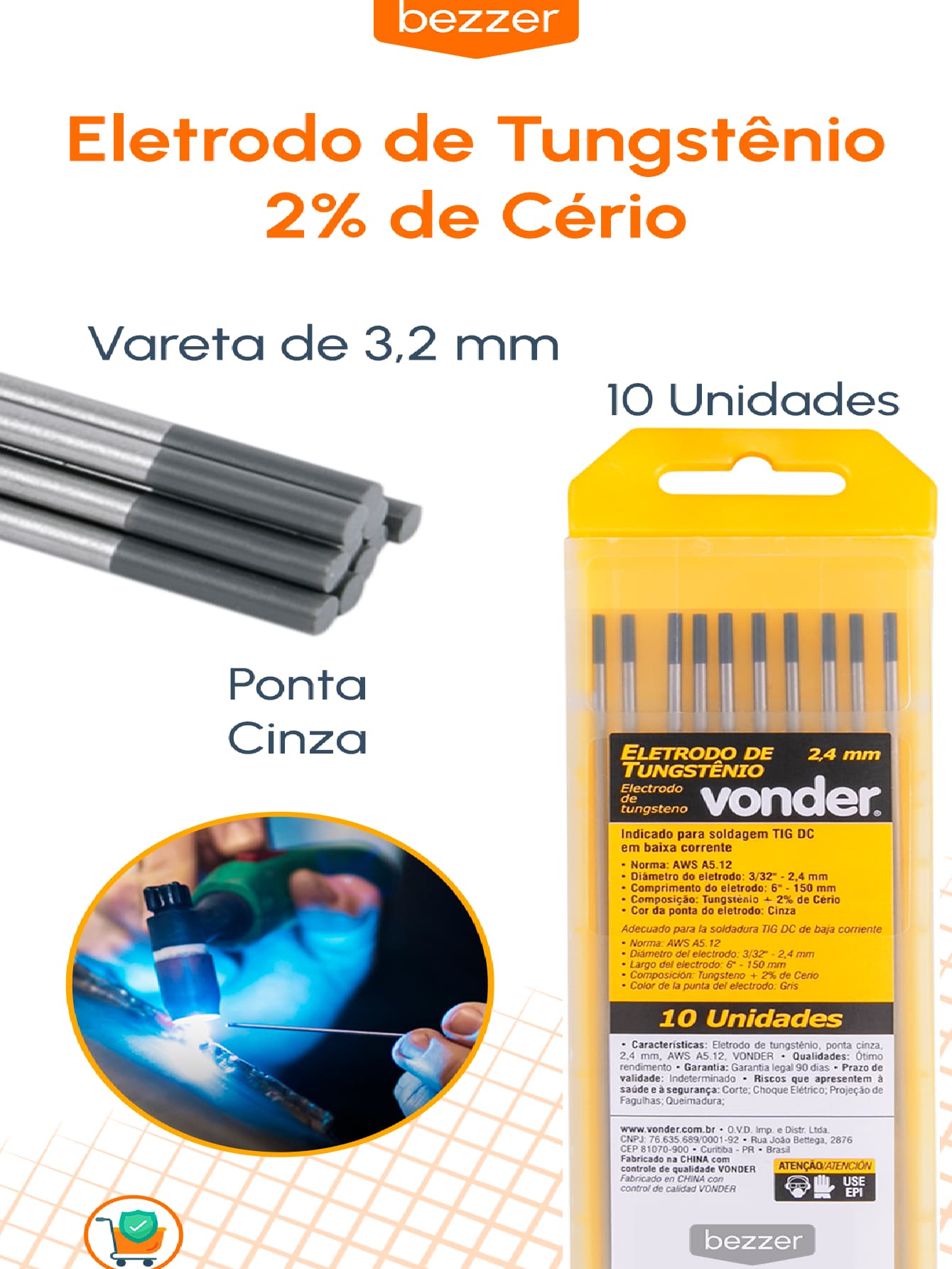 10 Tungsten Electrode 3.2 Mm With 2 Cerium Gray Tip Vonder For TIG