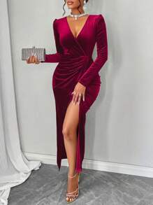 Amarilo Women's Deep V-Neck Puff Sleeve Wrap Hem Velvet Dress