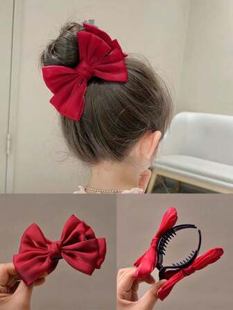 1pc Girls Christmas & New Year Burgundy Bow Hair Claw Clip