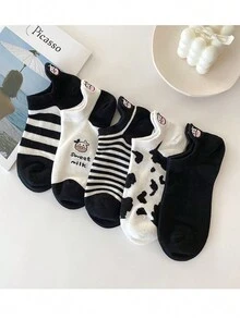 5 双女式卡通奶牛图案短袜，吸汗防臭，适合所有季节 - 彩色 - 查看 2
