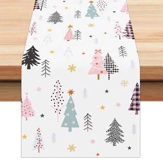 1 PIEZA Camino de mesa navideño, Camino de mesa con árbol de Navidad rosa, Camino de mesa navideño de color de temporada de invierno, Adecuado para decoración del hogar en la cocina, Decoración de mesa con árbol de Navidad