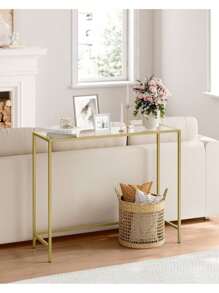 VASAGLE Mesa de Consola, Mesa de Entrada, Extremo del Sofá, Tablero de Vidrio Templado, Marco de Metal, Patas Ajustables, para Salón, Entrada, Pasillo, Dorado Pálido y Transparente - Dorado - Ver 2